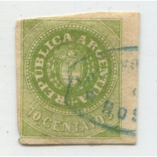 ARGENTINA 1862 GJ 8 ESTAMPILLA ESCUDITO DE 10 Cts CON PEQUEÑO ADELGAZAMIENTO SIEMPRE UN BUEN SELLO CLASICO Y RARO CON BORDE DE HOJA U$ 88